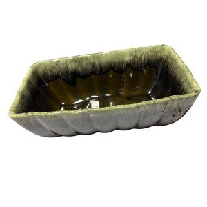 Hull USA 142 Green & Black Vintage Ceramic Scalloped Rectangular Planter Dish